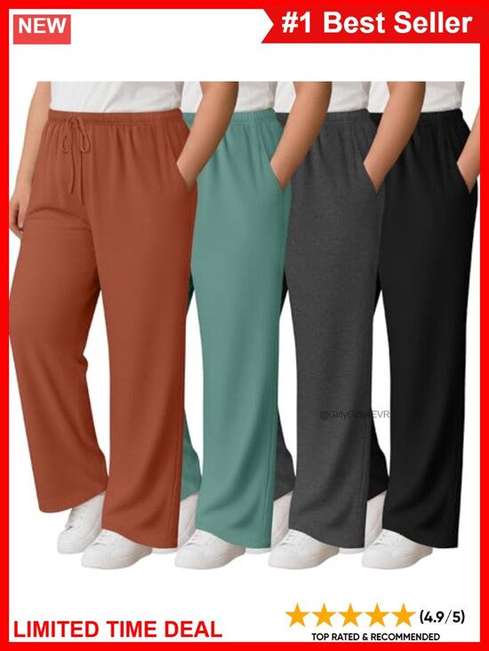 Pants - Plus Size Wide Leg Lounge Yoga Pants Drawstring Pockets Stretch